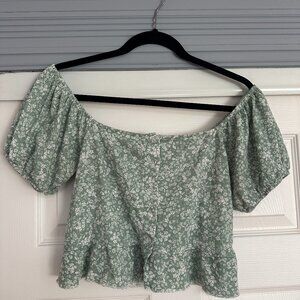 Off the Shoulder Light Green Floral Crop Top